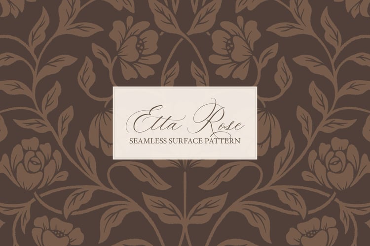 Vintage inspired hand drawn climbing rose damask in a woodblock style in dark brown