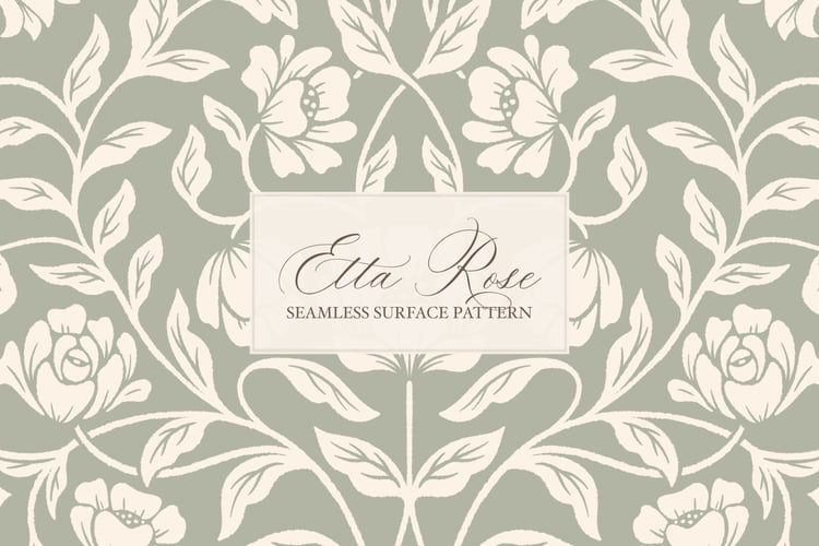 Vintage inspired hand drawn climbing rose damask in a woodblock style in sage green and cream