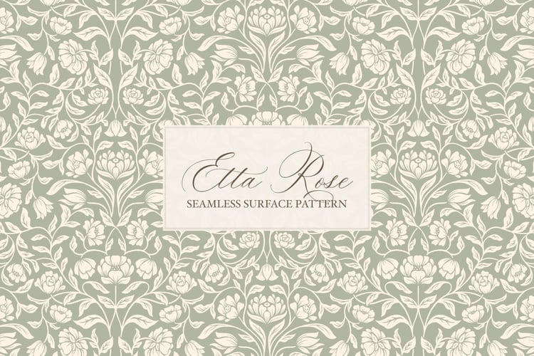Vintage inspired hand drawn climbing rose damask in a woodblock style in sage green and cream