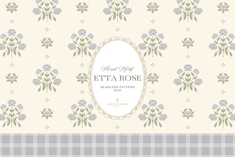 Vintage-inspired hand drawn floral motif seamless surface pattern featuring a floral and leaf pattern with a matching plaid in periwinkle blue