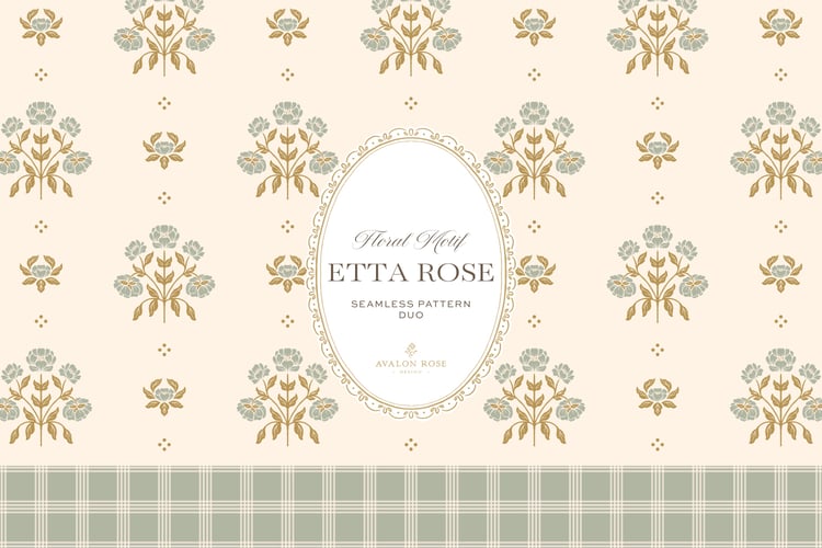 Vintage-inspired hand drawn floral motif seamless surface pattern featuring a floral and leaf pattern with a matching plaid in sage green
