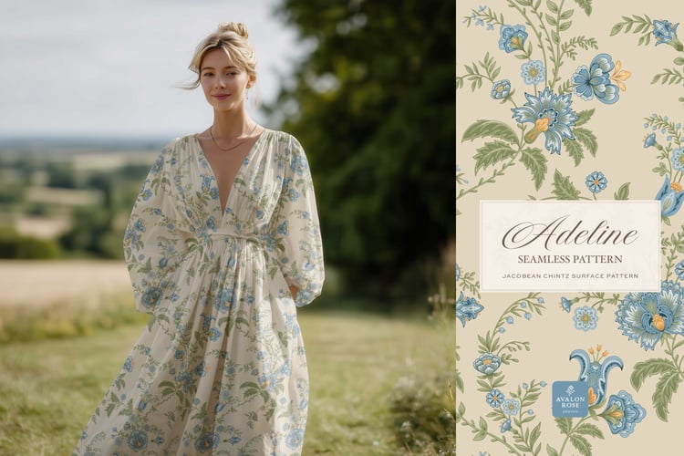Hand drawn seamless surface pattern featuring intricate, stylized florals and climbing vines in blue, yellow, and green on a dress