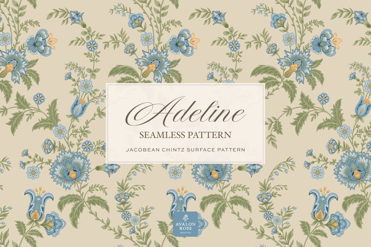 Hand drawn seamless surface pattern featuring intricate, stylized florals and climbing vines in blue, yellow, and green