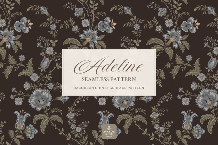 Hand drawn seamless surface pattern featuring intricate, stylized florals and climbing vines in dark brown, blues, and greens