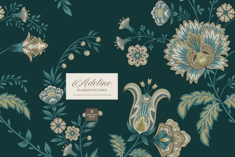 Hand drawn seamless surface pattern featuring intricate, stylized florals and climbing vines in teal blue and greens
