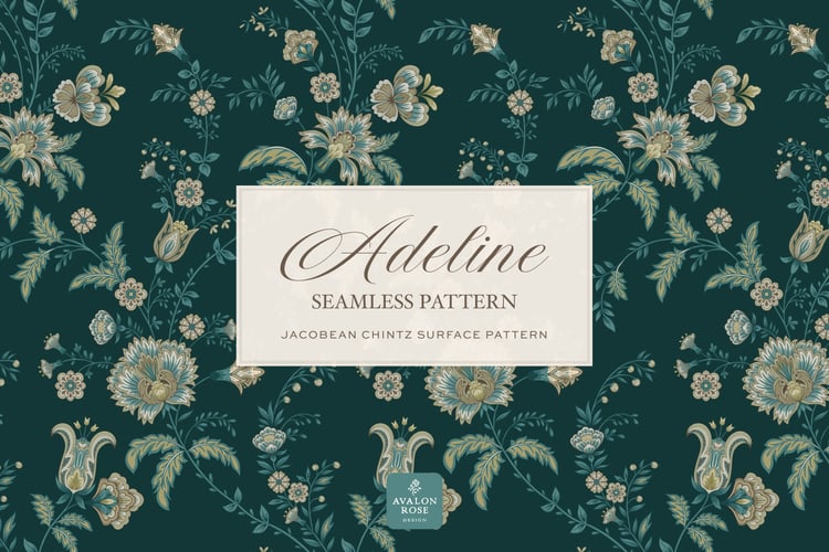 Hand drawn seamless surface pattern featuring intricate, stylized florals and climbing vines in teal blue and greens