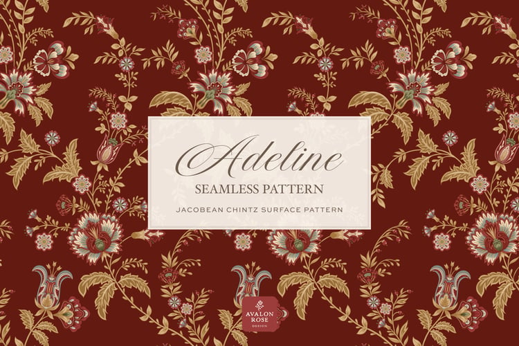 Hand drawn seamless surface pattern featuring intricate, stylized florals and climbing vines in red and gold