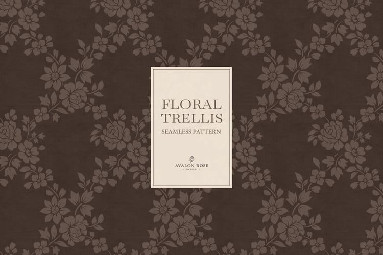 Vintage-inspired farmhouse style seamless surface pattern featuring a hand-drawn floral and leaf trellis in dark brown