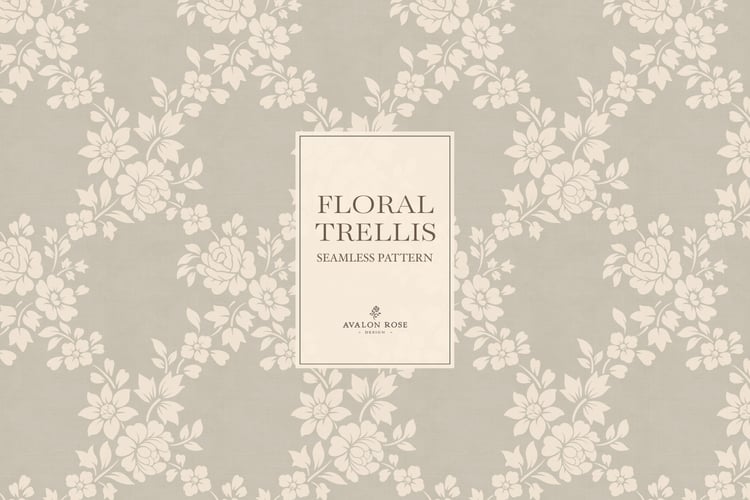 Vintage-inspired farmhouse style seamless surface pattern featuring a hand-drawn floral and leaf trellis