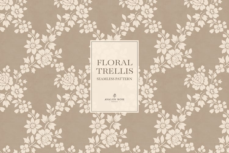 Vintage-inspired farmhouse style seamless surface pattern featuring a hand-drawn floral and leaf trellis