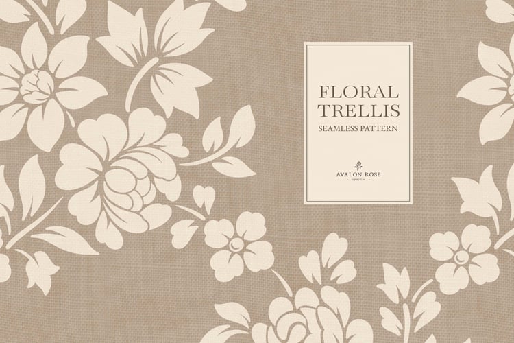 Vintage-inspired farmhouse style seamless surface pattern featuring a hand-drawn floral and leaf trellis