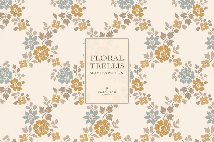 Vintage-inspired farmhouse style seamless surface pattern featuring a hand-drawn floral and leaf trellis in sage, gold, beige, and cream