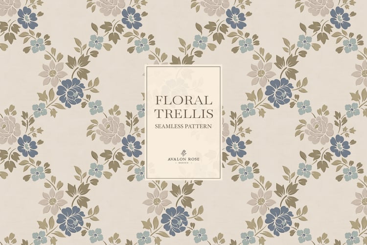 Vintage-inspired farmhouse style seamless surface pattern featuring a hand-drawn floral and leaf trellis in blue and green