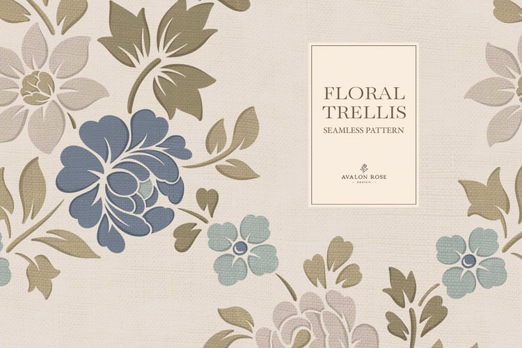 Vintage-inspired farmhouse style seamless surface pattern featuring a hand-drawn floral and leaf trellis in blue and green
