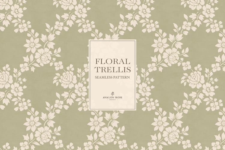 Vintage-inspired farmhouse style seamless surface pattern featuring a hand-drawn floral and leaf trellis in sage and cream