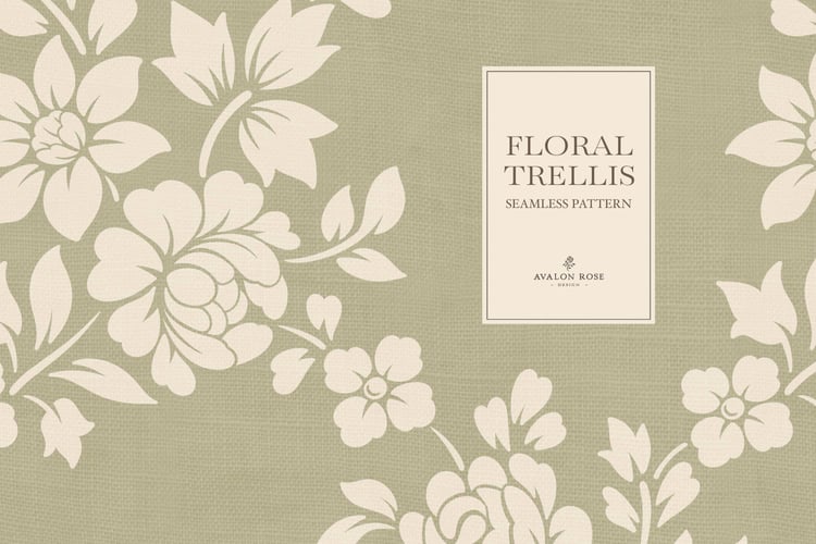 Vintage-inspired farmhouse style seamless surface pattern featuring a hand-drawn floral and leaf trellis in sage and cream