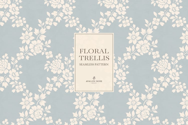 Vintage-inspired farmhouse style seamless surface pattern featuring a hand-drawn floral and leaf trellis in pale blue and cream