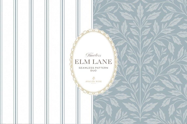 Vintage-inspired seamless surface pattern featuring hand drawn leaves in a traditional damask style with a matching stripe pattern. Coastal light blue.