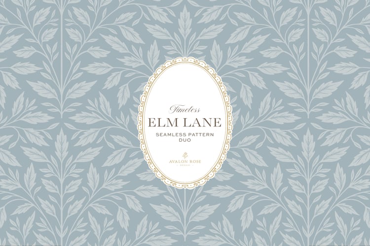Vintage-inspired seamless surface pattern featuring hand drawn leaves in a traditional damask style with a matching stripe pattern. Coastal light blue.