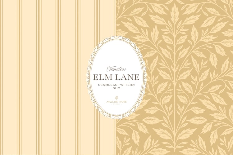 Vintage-inspired seamless surface pattern featuring hand drawn leaves in a traditional damask style with a matching stripe pattern. Light buff yellow.