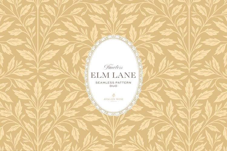 Vintage-inspired seamless surface pattern featuring hand drawn leaves in a traditional damask style with a matching stripe pattern. Light buff yellow.