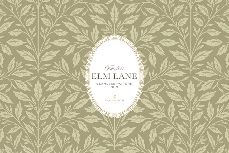 Vintage-inspired seamless surface pattern featuring hand drawn leaves in a traditional damask style with a matching stripe pattern. Light fern green.