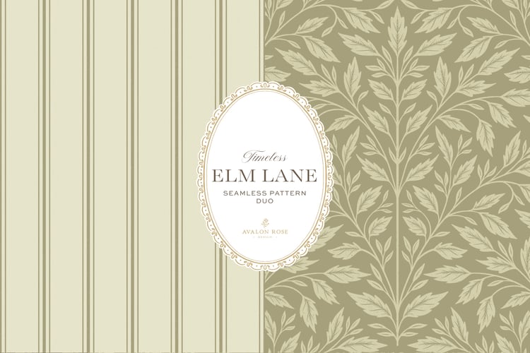 Vintage-inspired seamless surface pattern featuring hand drawn leaves in a traditional damask style with a matching stripe pattern. Light fern green.