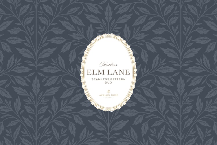 Vintage-inspired seamless surface pattern featuring hand drawn leaves in a traditional damask style with a matching stripe pattern. Navy blue.