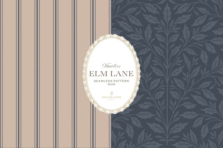 Vintage-inspired seamless surface pattern featuring hand drawn leaves in a traditional damask style with a matching stripe pattern. Navy blue.