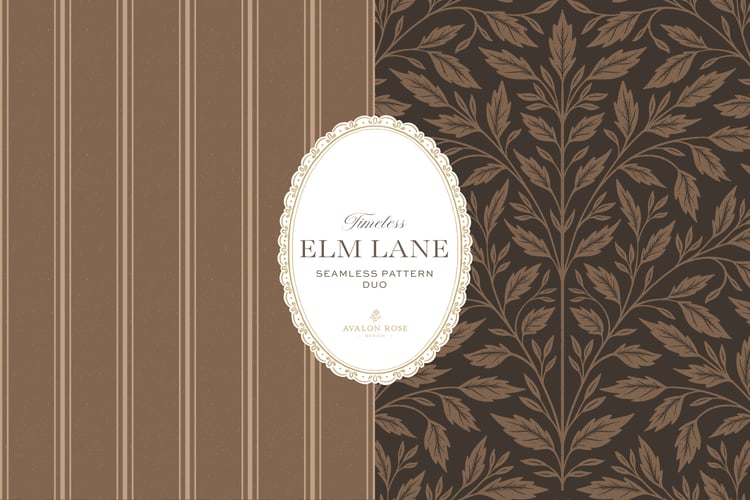 Vintage-inspired seamless surface pattern featuring hand drawn leaves in a traditional damask style with a matching stripe pattern. Dark bronze brown.