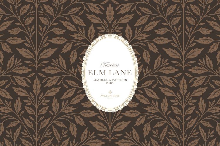 Vintage-inspired seamless surface pattern featuring hand drawn leaves in a traditional damask style with a matching stripe pattern. Dark bronze brown.