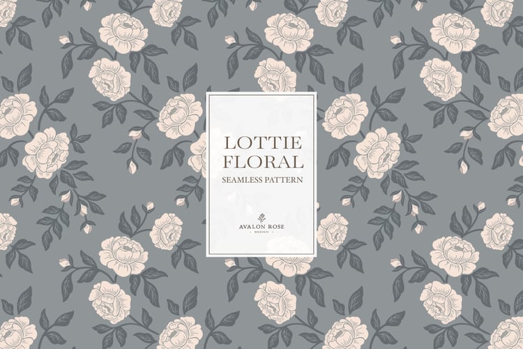 Vintage-inspired farmhouse style seamless surface pattern featuring hand-drawn rose climbing florals and leaves in blue and cream.