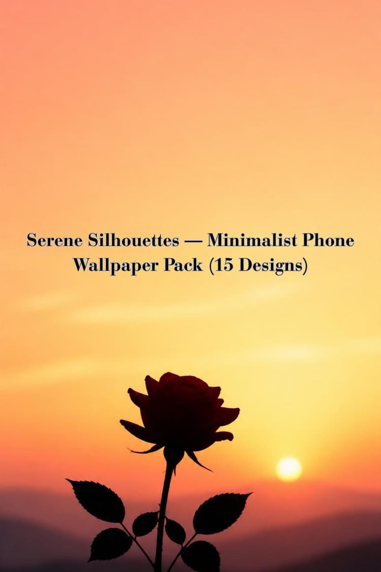 Serene Silhouettes phone wallpaper pack cover featuring a rose silhouette wallpaper displayed on a smartphone mockup, 15 minimalist designs