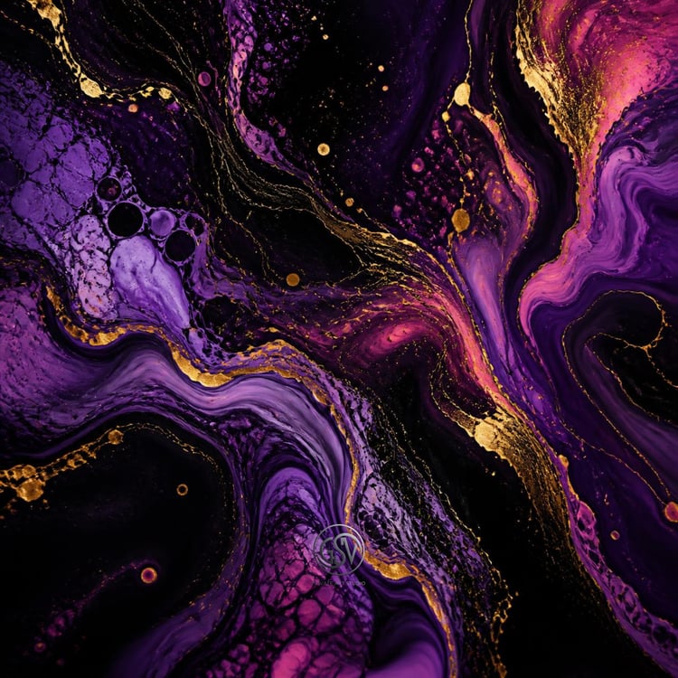 Abstract fluid art album cover with deep purple and gold swirls on black background
