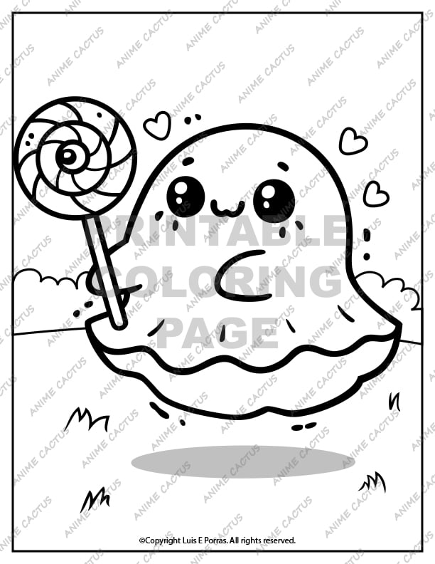 Kawaii Lollypop Ghost Halloween Coloring Page image