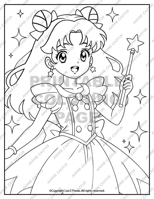 Magic School Girl and Star Wand Coloring Page image