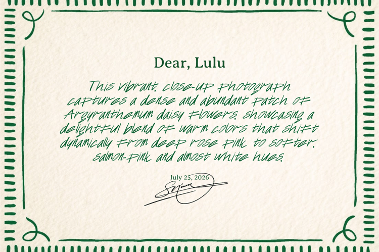Handwritten letter template addressed to Lulu with green cursive typography on textured paper and decorative border