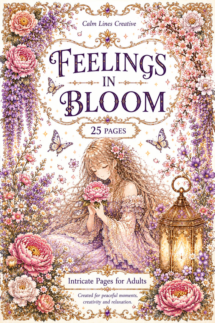 Feelings in Bloom botanical anime coloring book cover for adults featuring elegant flowers and a peaceful anime girl