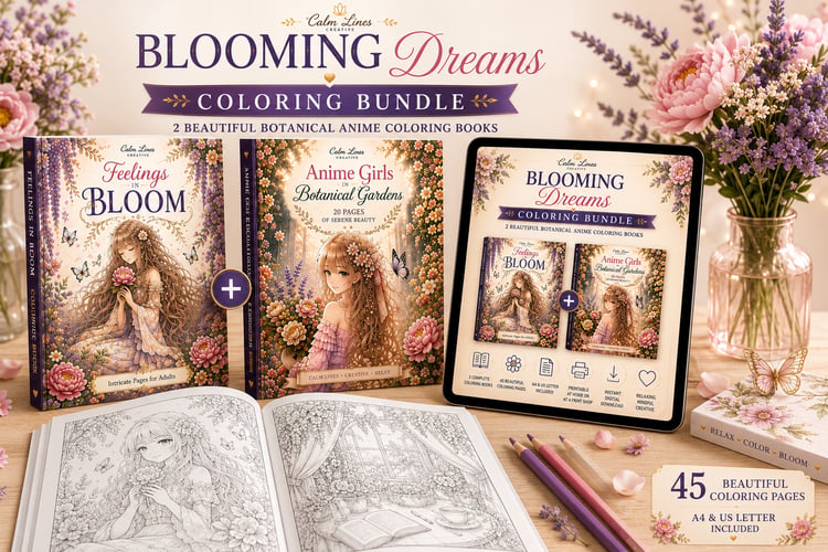 Mockup of the Blooming Dreams Coloring Bundle featuring two botanical anime coloring books, open coloring pages, tablet preview, floral illustrations, and printable PDF download.
