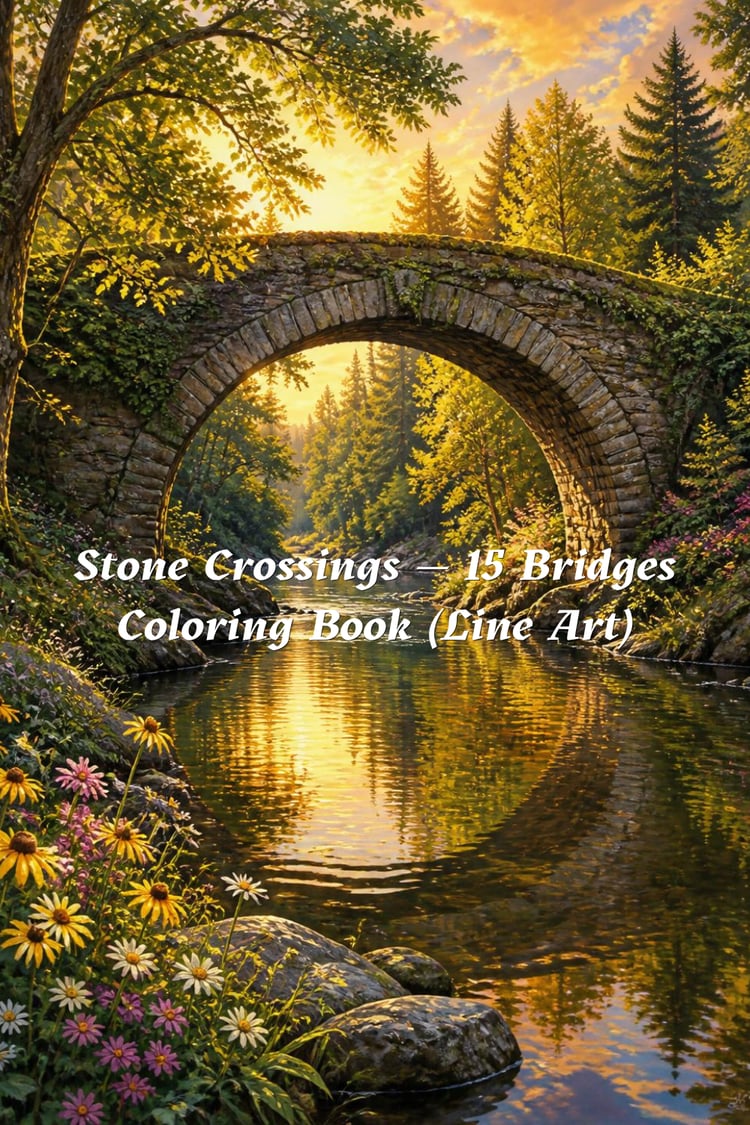 Stone Crossings coloring book cover featuring a colorful illustration of an old stone bridge over a forest stream