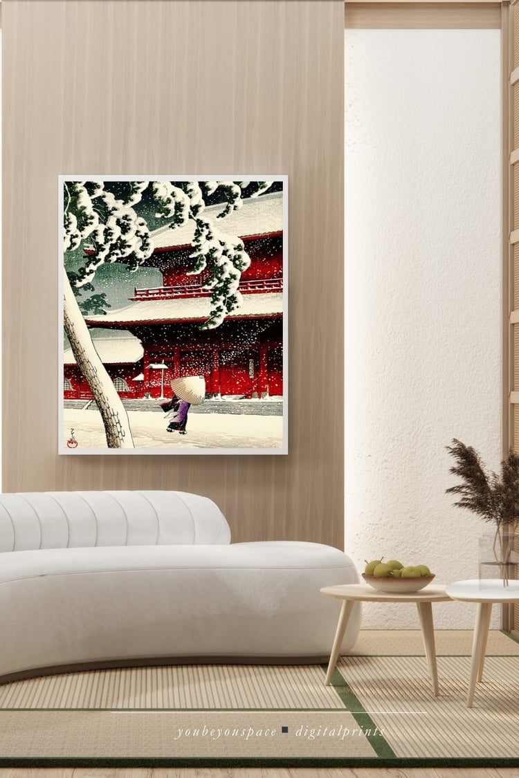 kawase hasui zojoji temple, shin hanga landscape print, vintage japanese temple art, japanese travel scenery print, 1920s japanese woodblock download, serene japan wall decor, antique japanese architecture art, tokyo temple artwork printable