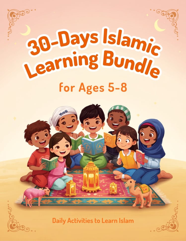 "30-Day Islamic Learning Bundle printable PDF for kids ages 5–8 featuring daily Islamic activities, coloring pages, tracing worksheets, duas, Prophet stories, Quran lessons, Ramadan activities, prayer practice, and homeschool resources."