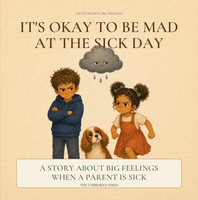 It's Okay to Be Mad at the Sick Day book cover, Theo and Millie under a grumpy gray cloud