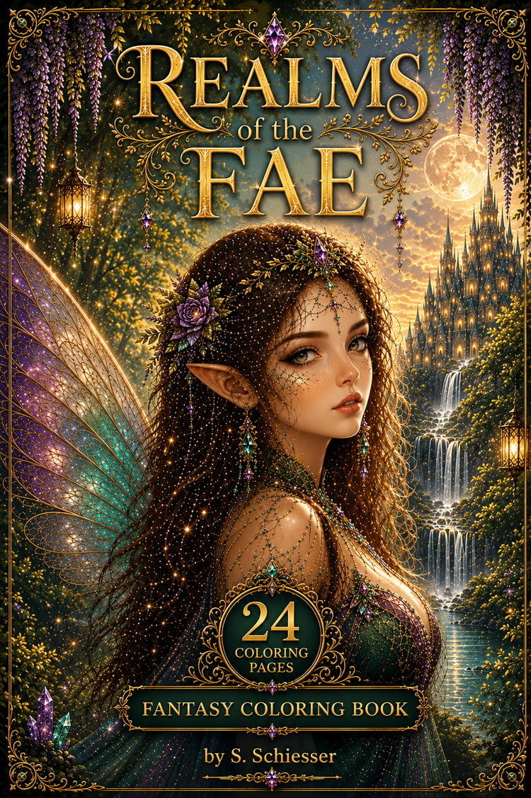 Realms of the Fae coloring book cover – fantasy fairy with wings, enchanted castle and waterfall background, 24 pages