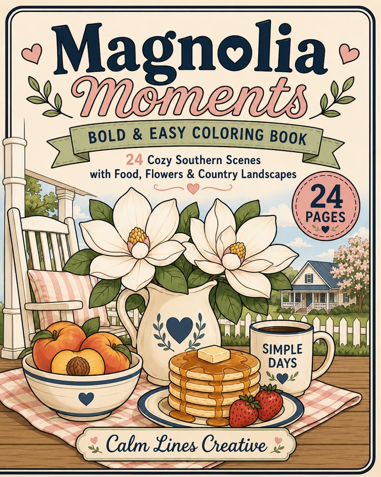 Magnolia Moments bold and easy line art coloring book cover, 24 cozy Southern scenes with magnolias and country breakfast