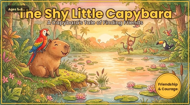 Children's storybook cover illustration of a shy smiling capybara with a colorful red and green parrot perched on its back, sitting by a jungle pond at sunset, titled "The Shy Little Capybara."