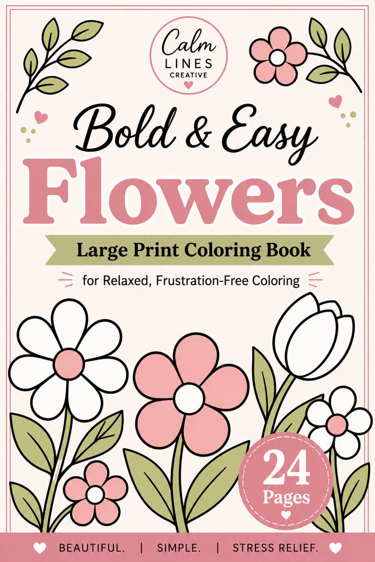 Bold & Easy Flowers large print coloring book cover with simple floral designs and 24 easy coloring pages for adults and seniors.