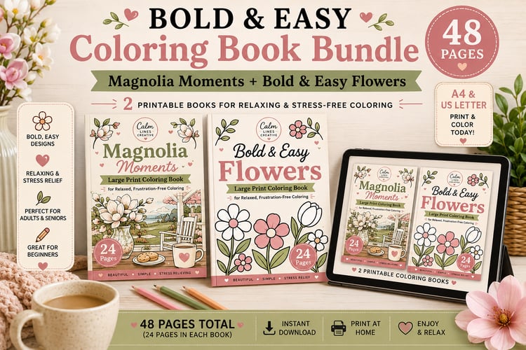 Bold & Easy Coloring Bundle with Magnolia Moments and Flowers coloring books, 2 printable large print coloring books, 40 pages total