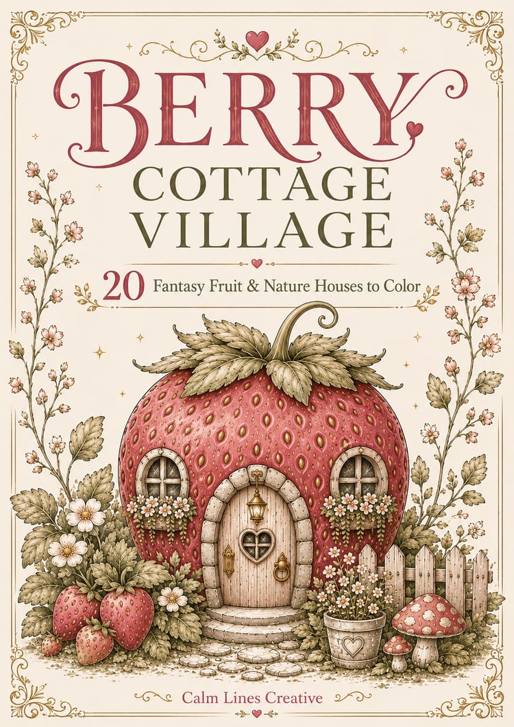 Berry Cottage Village fantasy coloring book cover with whimsical strawberry cottage houses, fruit homes, floral illustrations, and 20 printable coloring pages for adults and teens.