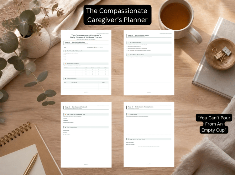Compassionate Caregiver Daily Planner and Burnout Prevention Tracker 4-page printable PDF bundle mockup